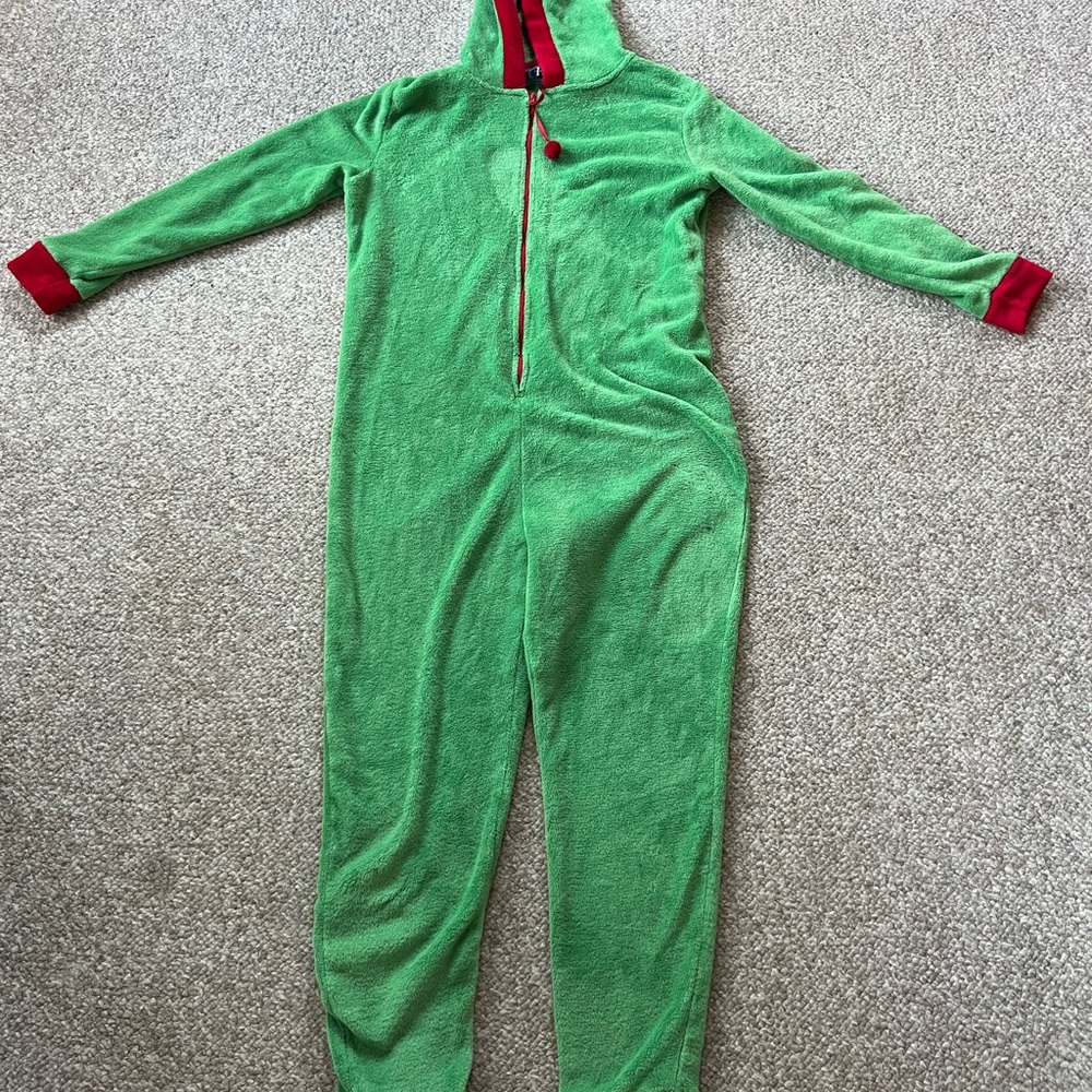 Women’s Large PJ Essentials Zippered Green Onesie With Hood Outlined In Red